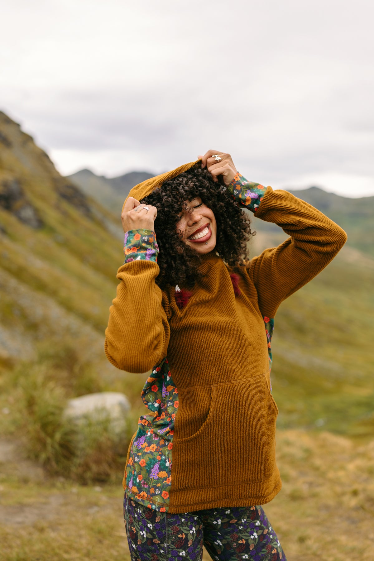 Climb on Fleece Hoodie in Nutmeg brown, front view with hood up